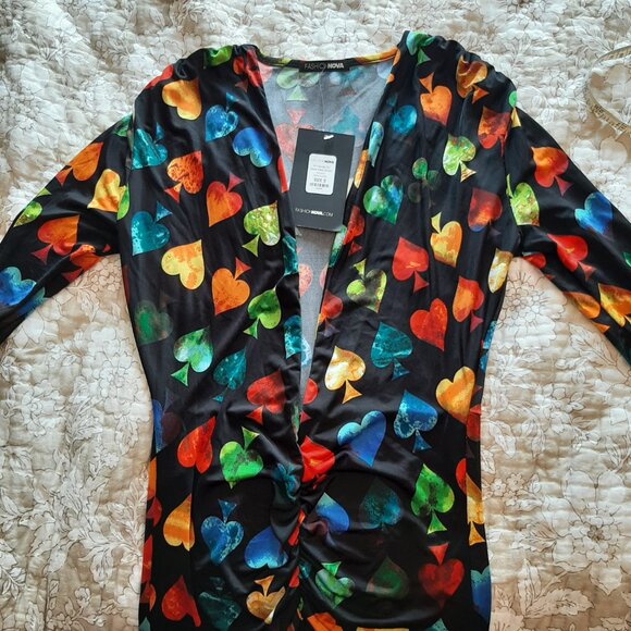 FASHION NOVA Black Plunge Maxi Dress with a Colourful Heart Print - Size Small - Picture 9 of 12